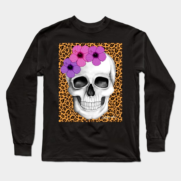 Skull With Flowers (On Leopard Print Background) Long Sleeve T-Shirt by GDGCreations